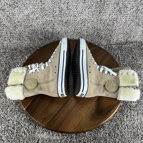 Converse High-Top Lace-Up Sneakers in Beige and White with Faux Fur Collar - Picture 6 of 10